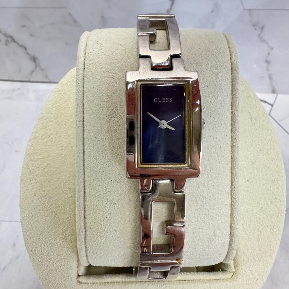 Guess Ladies Watch Silver Toned Rectangle Blue Dial G Logo Band G65927L New Batt